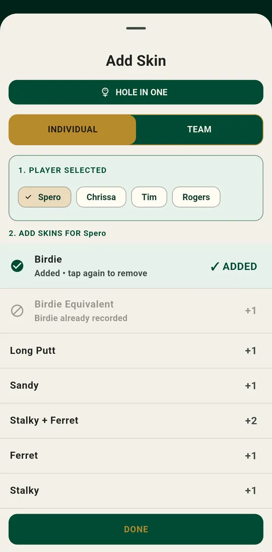 The Add Skin sheet in SkinsMate, showing a birdie recorded for Spero and further options for long putt, sandy, stalky and ferret