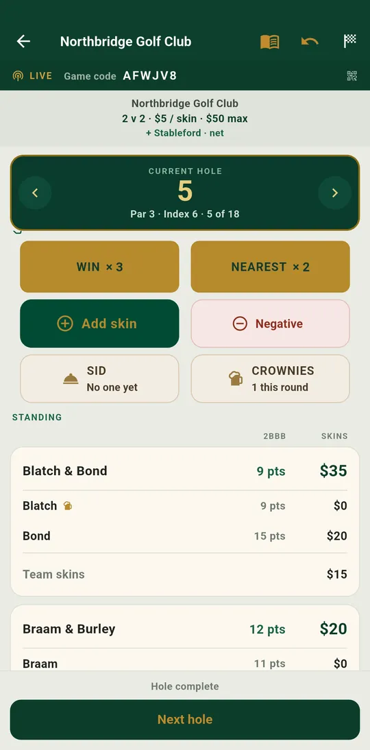 SkinsMate scoring on the fifth hole showing a win worth three skins and a nearest worth two after earlier holes were halved