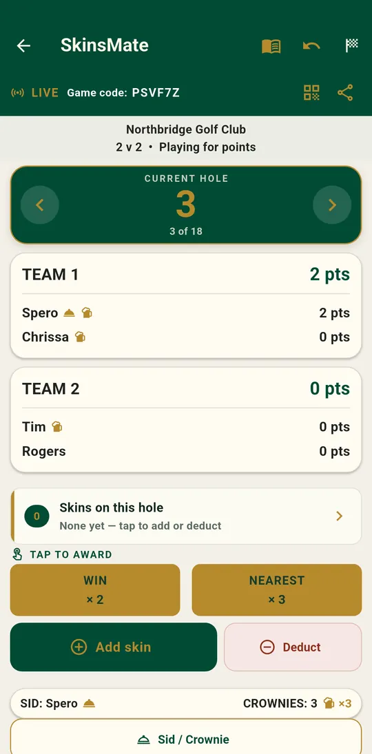The SkinsMate live game screen at Northbridge Golf Club, on hole 3 of 18, with Team 1 leading two points to nil and the next skin worth double