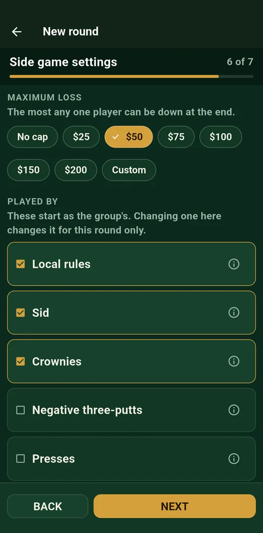 SkinsMate side game settings showing a fifty dollar maximum loss and the local rules, Sid and Crownies options switched on