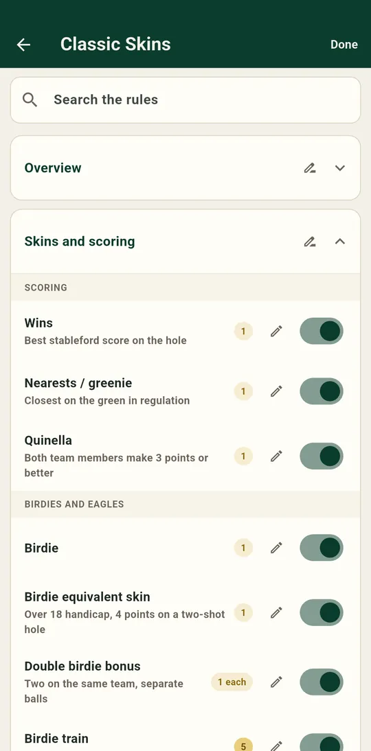 The SkinsMate Classic Skins rules screen with toggles for wins, nearests, quinella, birdie, birdie equivalent, double birdie bonus and birdie train