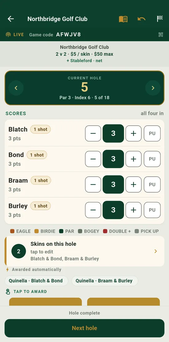 SkinsMate score entry on a par three with all four players in on three, and two quinellas awarded automatically to both pairs